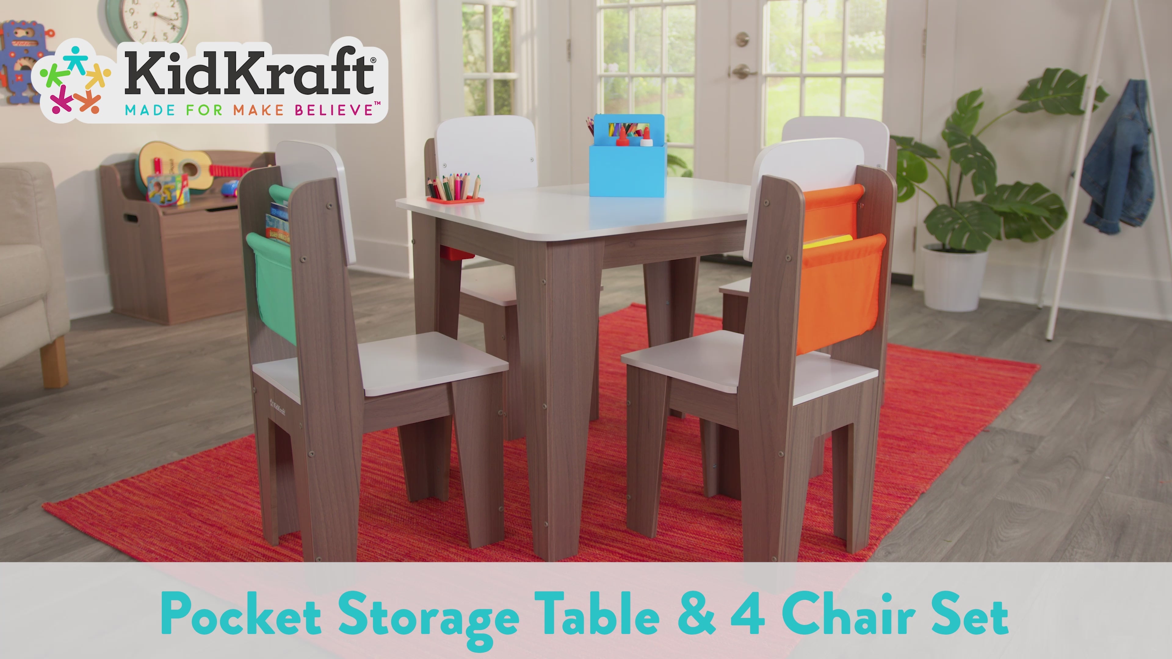 Pocket Storage Table and 4 Chair Set - Gray Ash